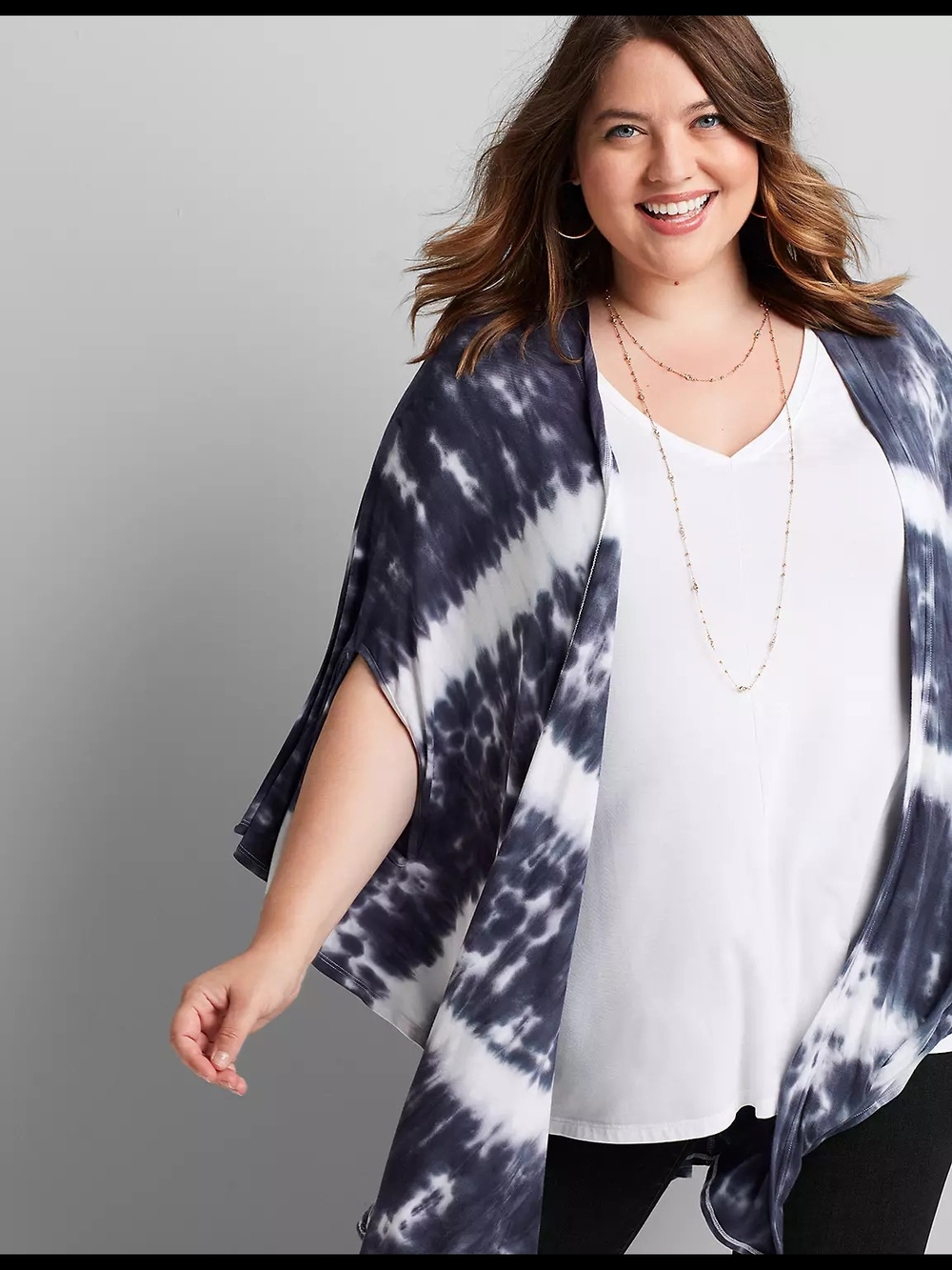 Plus Size Tie-Dye Kimono Wrap - Blue & White